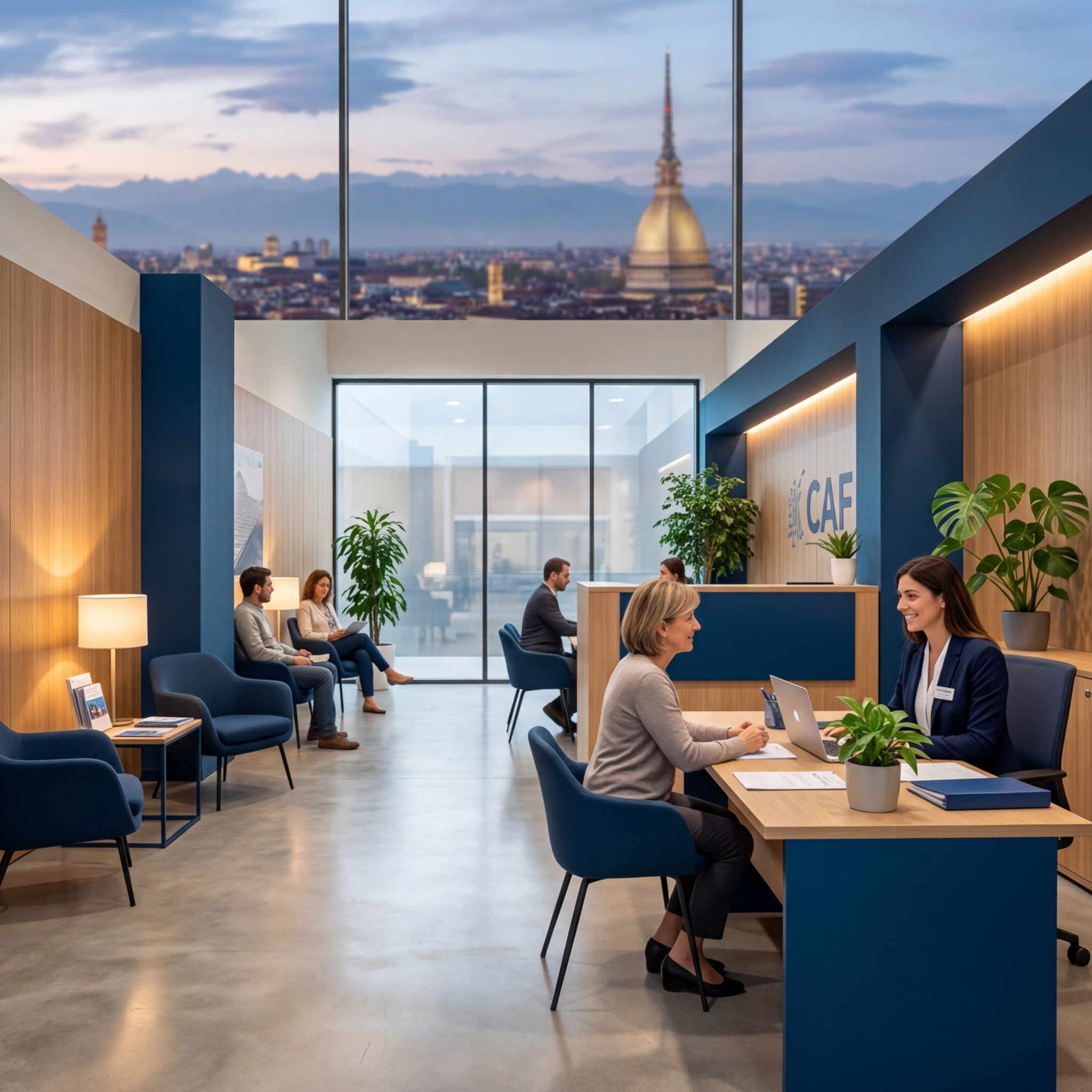 Interno moderno della sede del Circolo FENAPI — Provincia di Torino, con vetrate luminose e postazioni di consulenza fiscale